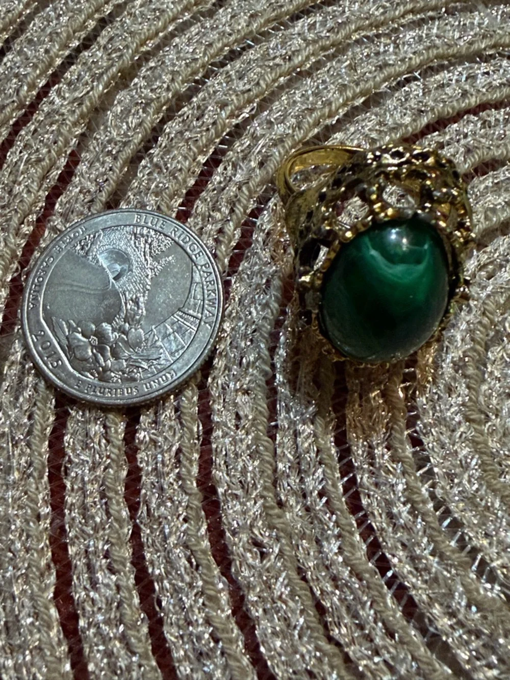 Vintage Style Green Stone Statement Ring Adjustable Gold Tone Cabochan Oval Boho